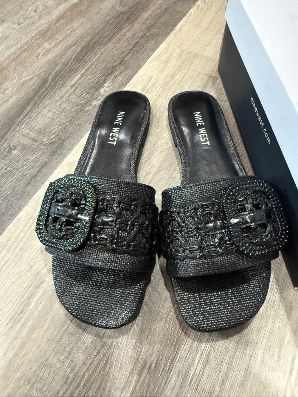 Nine West Black Braided Buckle Slide Mules
